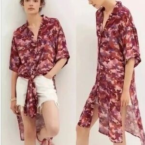 Anthropologie Womens S Breezy Button Down Maxi Tunic Top Pink Combo Beach Boho